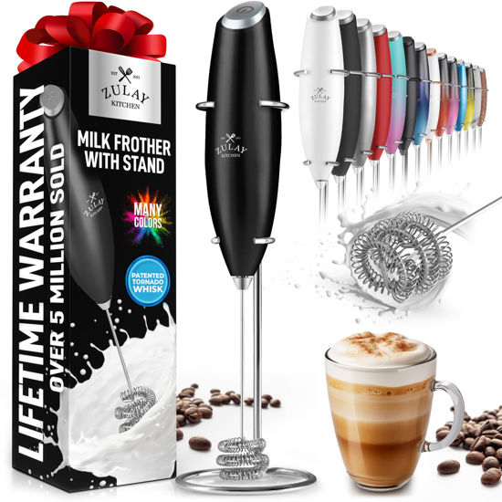 Picture of Zulay Kitchen Tornado Whisk Milk Frother Handheld - Coffee Frother Wand With Stand - Triple Whisk Hand Held Mixer - Electric Stirrer Frothing Wand for Latte, Matcha, Protein Powder - Metallic Black