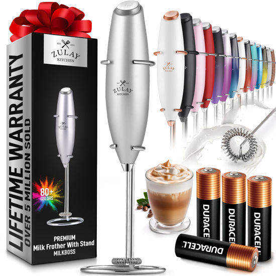 Picture of Zulay Powerful Milk Frother (4 Duracell Batteries Included) - Handheld Milk Frother Wand Drink Mixer for Coffee - Powerful Milk Foamer for Cappuccino, Frappe, Matcha & Coffee Creamer - Silver