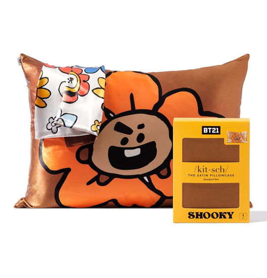 Picture of Kitsch x BT21 Satin Pillowcase with Zipper for Hair & Skin, Softer Than Silk Pillow Cases, Queen Pillow Covers, Wrinkle-Free, Cooling Satin Pillow Cases Standard Size 19"x26" (BT21 - Shooky)