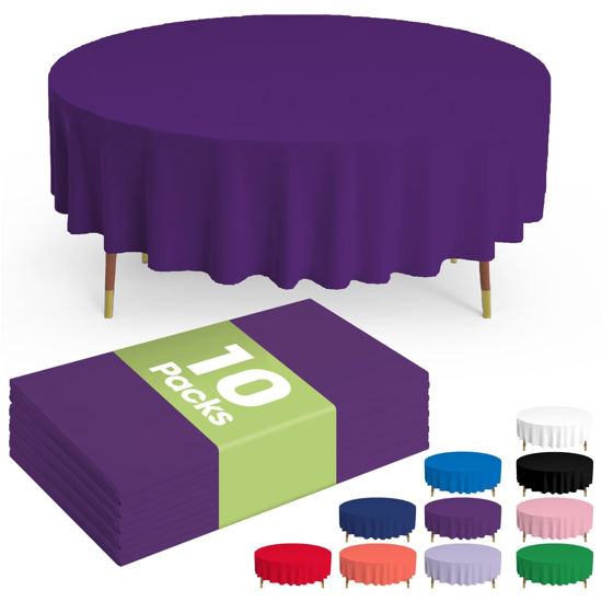 Picture of Pureegg Plastic Table Cloth Disposable - 10 Pack, Disposable Table Cloths for Parties, Weddings, Decorative Round Tablecloths, 84'' Purple Plastic Tablecloth, Leakproof & Sturdy, Purple