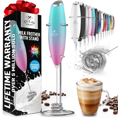 Picture of Zulay Kitchen Tornado Whisk Milk Frother Handheld - Coffee Frother Wand With Stand - Triple Whisk Hand Held Mixer - Electric Stirrer Frothing Wand for Latte, Matcha, Protein Powder - Teal Pink Fade