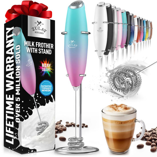 Picture of Zulay Kitchen Tornado Whisk Milk Frother Handheld - Coffee Frother Wand With Stand - Triple Whisk Hand Held Mixer - Electric Stirrer Frothing Wand for Latte, Matcha, Protein Powder - Teal Pink Fade