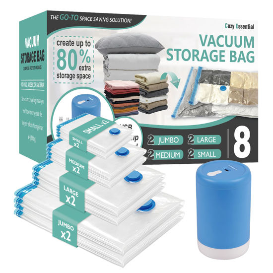 Picture of Vacuum Storage Bags with Electric Pump, 8 Pack (2 Jumbo/2 Large/2 Medium/2 Small) Vacuum Seal Space Saver Bags for Clothing, Pillows, Blanket, Bedding, Comforters