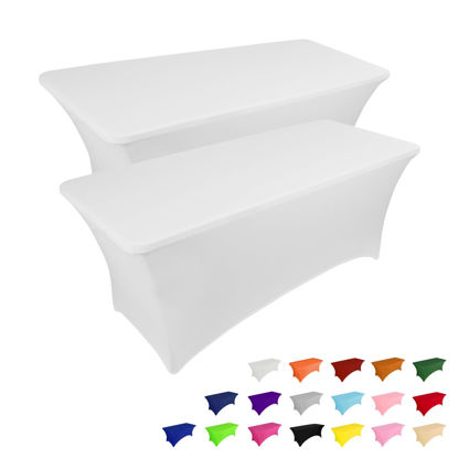 Picture of IVAPUPU 2 Pack 4FT Table Cloth for Rectangular Fitted Events Stretch White Table Covers Washable Table Cover Spandex Spring Tablecloth Table Protector for Party, Wedding, Cocktail, Banquet, Festival