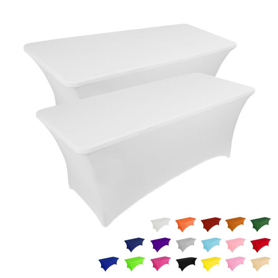 Picture of IVAPUPU 2 Pack 4FT Table Cloth for Rectangular Fitted Events Stretch White Table Covers Washable Table Cover Spandex Spring Tablecloth Table Protector for Party, Wedding, Cocktail, Banquet, Festival