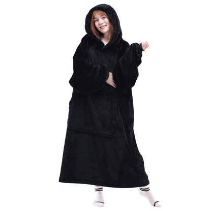 Picture of Waitu Wearable Blanket Sweatshirt Gifts for Women and Men, Warm and Cozy Giant Blanket Hoodie, Thick Flannel Blanket with Sleeves and Giant Pocket - Black