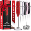 Picture of Zulay Kitchen Powerful Double Whisk Milk Frother Handheld - Foam Maker With Stand - Whisk Drink Mixer for Coffee, Mini Foamer for Latte, Matcha, Frappe, Hot Chocolate & Cappuccino (Cardinal Red)