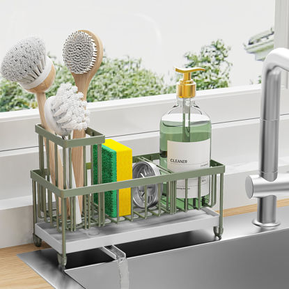 Picture of Cisily Sponge Holder for Kitchen Sink, Sink Caddy with High Brush Holder, Organzier Rustproof 304 Stainless Steel Dish Organizer Divider, Soap Dispenser Storage(Sage Green)
