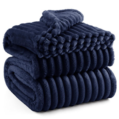 Picture of Bedsure Blue Fleece Blanket for Couch - GentleSoft Cozy Soft Blankets for Women, Cute Small Throws for Girls, 90x90 Inches