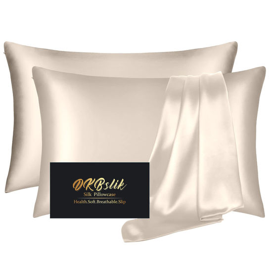 Picture of Silk Pillowcase 2 Pack, Natural Mulberry Silk Pillow Case, Anti Acne Silk Pillowcase for Hair and Skin, King Size Silk Satin Pillowcase Set of 2 with Hidden Zipper, Gifts for Women Men, Beige
