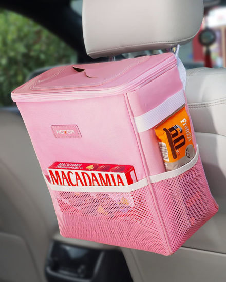 Picture of HOTOR 3 Gallons Car Trash Can, Ultra Large Capacity Organizer and Storage with Adjustable Straps & Magnetic Snaps, Waterproof Car Accessory for Interior Car Stuff Storage, Pink