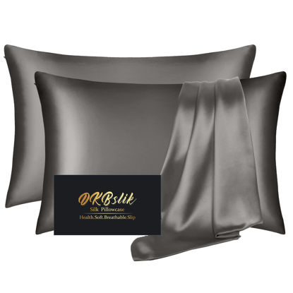 Picture of Silk Pillowcase 2 Pack, Natural Mulberry Silk Pillow Case, Anti Acne Silk Pillowcase for Hair and Skin, King Size Silk Satin Pillowcase Set of 2 with Hidden Zipper, Gifts for Women Men, Dark Gray