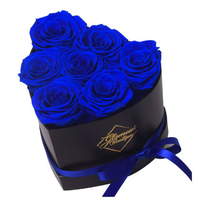 Picture of GLAMOUR BOUTIQUE 7-Piece Flowers Forever Heart Shape Box - Preserved Roses, Immortal Roses That Last A Year - Rose Eternal Preserved Flowers for Delivery Mothers Day & Valentines Day - Blue