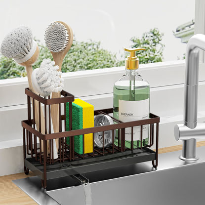 Picture of Cisily Sponge Holder for Kitchen Sink, Sink Caddy with High Brush Holder, Organzier Rustproof 304 Stainless Steel Dish Organizer Divider, Soap Dispenser Storage(Brown)