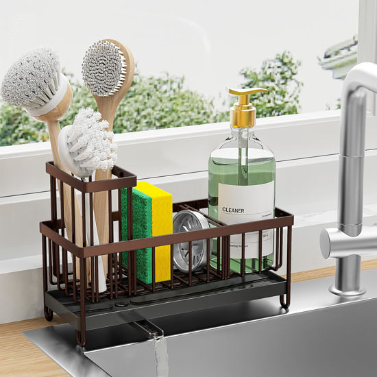 Picture of Cisily Sponge Holder for Kitchen Sink, Sink Caddy with High Brush Holder, Organzier Rustproof 304 Stainless Steel Dish Organizer Divider, Soap Dispenser Storage(Brown)