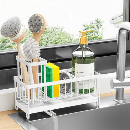 Picture of Cisily Sponge Holder for Kitchen Sink, Sink Caddy with High Brush Holder, Organzier Rustproof 304 Stainless Steel Dish Organizer Divider, Soap Dispenser Storage(White)