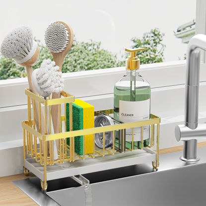Picture of Cisily Sponge Holder for Kitchen Sink, Sink Caddy with High Brush Holder, Organzier Rustproof 304 Stainless Steel Dish Organizer Divider, Soap Dispenser Storage(Gold)