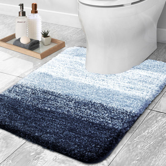 Picture of OLANLY Luxury Toilet Rugs U-Shaped 24x20, Extra Soft and Absorbent Microfiber Bathroom Rugs, Non-Slip Plush Shaggy Bath Mat, Machine Wash Dry, Contour Bathroom Mats for Toilet Base, Navy Blue