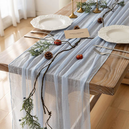 Picture of Keketo Cheesecloth Table Runner Light Blue Gauze Rustic Cheese Cloth Table Runner 120 Inch 10 FT for Wedding Baby Shower Bridal Shower Birthday Party Sheer Boho Table Runner Decorations