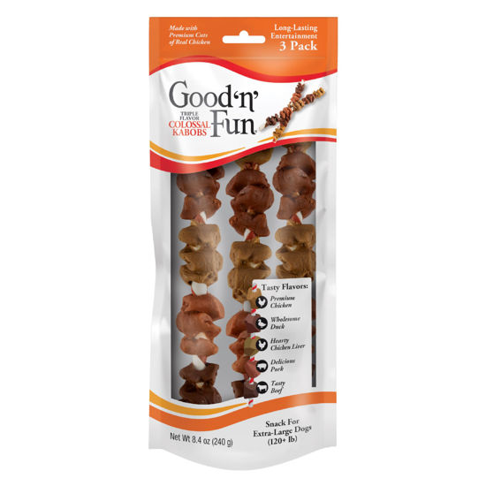 Picture of Good 'n' Fun Triple Flavor Colossal Kabobs, 3 Count, Treat Extra-Large Dogs to Long-Lasting Rawhide Chews