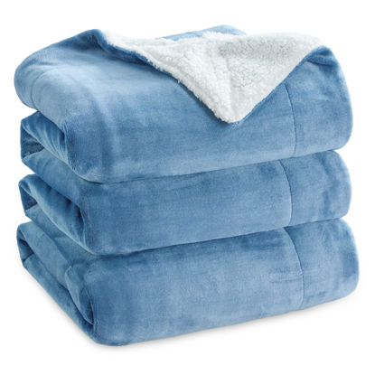 Picture of Bedsure Sherpa Fleece Blankets Queen Size for Bed - Thick and Warm Blanket for Winter, Soft Fuzzy Plush Queen Blanket for All Seasons, Washed Blue, 90x90 Inches