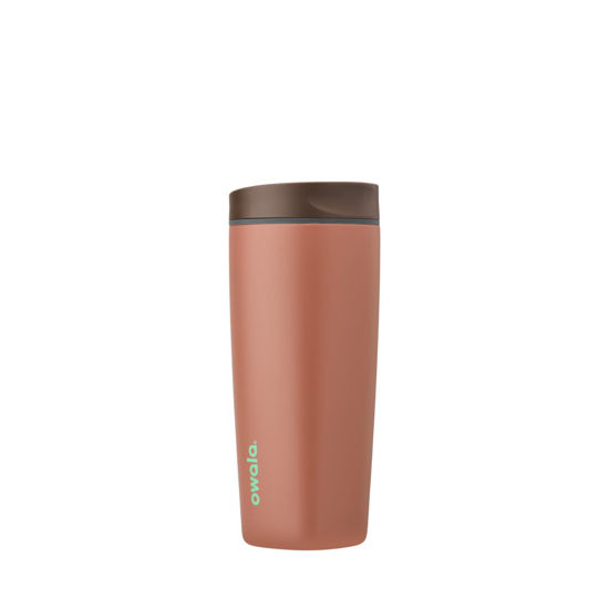 Picture of Owala SmoothSip Slider Insulated Stainless Steel Coffee Tumbler, Reusable Iced Coffee Cup, Hot Coffee Travel Mug, BPA Free 20 oz, Grey/Brown (Cozy Cocoa)