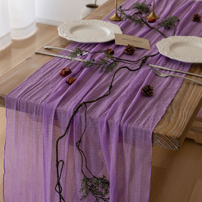 Picture of Keketo 6pcs Lilac Gauze Rustic Cheesecloth Table Runner 120 Inch 10 FT for Wedding Baby Shower Bridal Shower Birthday Engagement Garden Outdoor Party Long Sheer Boho Decorations