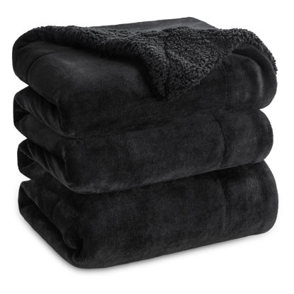 Picture of Bedsure Sherpa Fleece Blankets Queen Size for Bed - Thick and Warm Blanket for Winter, Soft Fuzzy Plush Queen Blanket for All Seasons, Black, 90x90 Inches