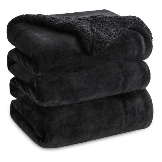 Picture of Bedsure Sherpa Fleece Blankets Queen Size for Bed - Thick and Warm Blanket for Winter, Soft Fuzzy Plush Queen Blanket for All Seasons, Black, 90x90 Inches
