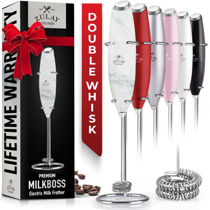 Picture of Zulay Kitchen Powerful Double Whisk Milk Frother Handheld - Foam Maker With Stand - Whisk Drink Mixer for Coffee, Mini Foamer for Latte, Matcha, Frappe, Hot Chocolate & Cappuccino (Crystal Quartz)