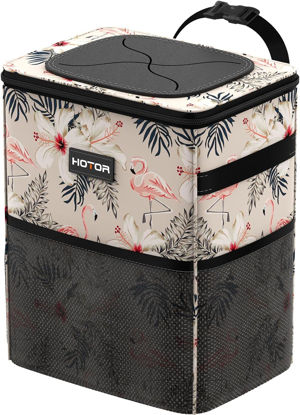 Picture of HOTOR Car Trash Can with Lid and Storage Pockets - 100% Leak-Proof Organizer, Waterproof Garbage Can, Multipurpose Trash Bin for Car, 2 Gallons, Flamingo