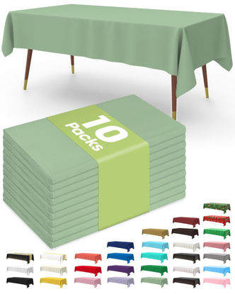 Picture of Pureegg Plastic Table Cloth Disposable 10 Pack, 54 x 108 Inch Table Cloths for Parties, Decorative Tablecloths for Rectangle Tables, White Plastic Table Cover, Leakproof & Sturdy, Sage Green