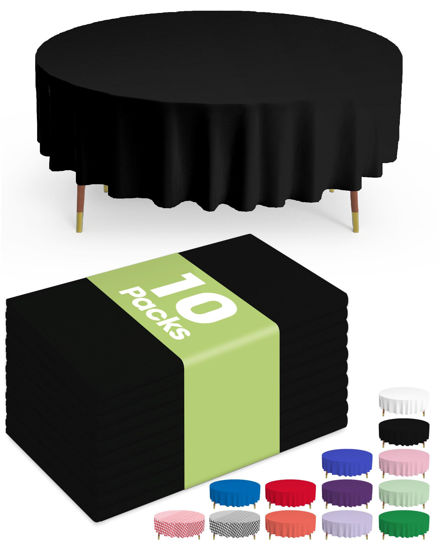 Picture of Pureegg Plastic Table Cloth Disposable - 10 Pack, Disposable Table Cloths for Parties, Decorative Round Tablecloths, 84'' Black Plastic Tablecloth, Leakproof & Sturdy, Black