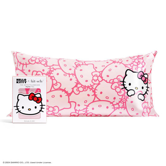 Picture of Kitsch x Hello Kitty Satin Pillowcase with Zipper for Hair, Softer Than Silk Pillow Cases King, Cooling Pillow Covers, Machine Washable Wrinkle-Free, Satin Pillow Cases King 19"x36", Pink Kitty Faces