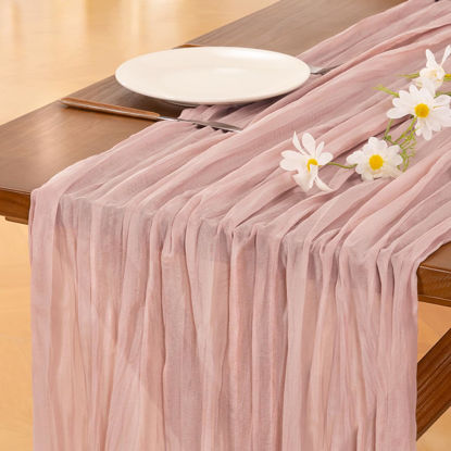 Picture of Socomi 3pcs Pink Easter Cheesecloth Table Runner Boho Rustic Gauze Dusty Pink Spring 120 inch 10FT Cheese Cloth Runner for Wedding Party Baby Shower Birthday Home Decor