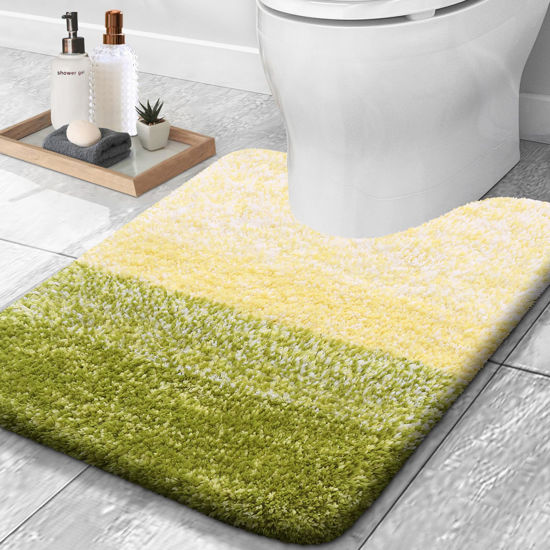 Picture of OLANLY Luxury Toilet Rugs U-Shaped 24x20, Extra Soft and Absorbent Microfiber Bathroom Rugs, Non-Slip Plush Shaggy Toilet Bath Mat, Machine Wash Dry, Contour Bath Rugs for Toilet Base, Olive Green
