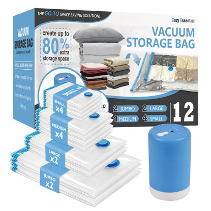 Picture of Vacuum Storage Bags with Electric Pump, 12 Pack (2 Jumbo/2 Large/4 Medium/4 Small) Vacuum Seal Space Saver Bags for Clothing, Pillows, Blanket, Bedding, Comforters