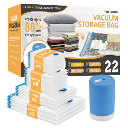 Picture of Vacuum Storage Bags with Electric Pump, 22 Pack (3 Jumbo/3 Large/8 Medium/8 Small) Vacuum Seal Space Saver Bags for Clothing, Pillows, Blanket, Bedding, Comforters