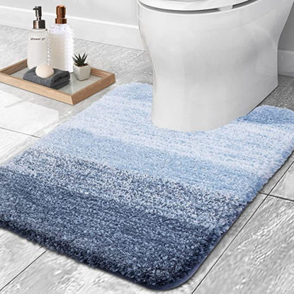 Picture of OLANLY Luxury Toilet Rugs U-Shaped 24x20, Extra Soft and Absorbent Microfiber Bathroom Rugs, Non-Slip Plush Shaggy Bath Mat, Machine Wash Dry, Contour Bathroom Mats for Toilet Base, Blue