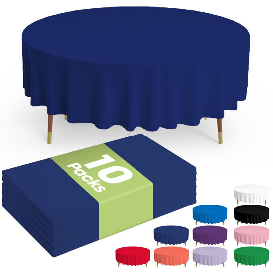 Picture of Pureegg Plastic Table Cloth Disposable - 10 Pack, Disposable Table Cloths for Parties, Weddings, Decorative Round Tablecloths, 84'' Navy Blue Plastic Tablecloth, Leakproof & Sturdy, Navy Blue