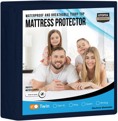 Picture of Utopia Bedding Waterproof Mattress Protector Twin Size, Premium Terry Mattress Cover 200 GSM, Breathable, Fitted Style with Stretchable Pockets (Navy)