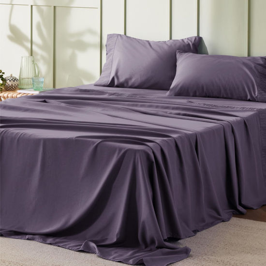 Picture of Bedsure California King Sheet Sets - Soft Sheets for California King Size Bed, 4 Pieces Hotel Luxury Dusty Purple Sheets Cal King, Easy Care Polyester Microfiber Cooling Bed Sheet Set