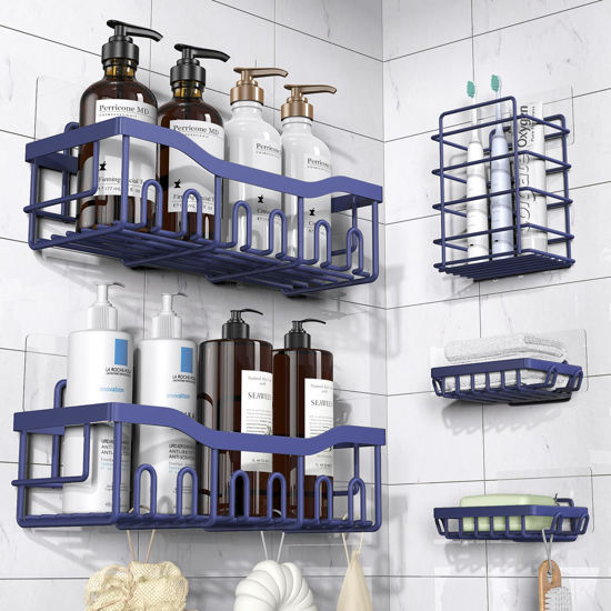 Picture of Shower Caddy 5 Pack,Adhesive Shower Organizer for Bathroom Storage&Home Decor&Kitchen,No Drilling,Large Capacity,Rustproof Stainless Steel Bathroom Organizer,Shower Shelves for Inside Shower-Larger