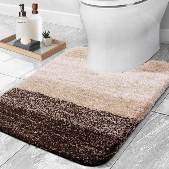 Picture of OLANLY Luxury Toilet Rugs U-Shaped 24x20, Extra Soft and Absorbent Microfiber Bathroom Rugs, Non-Slip Plush Shaggy Bath Mat, Machine Wash Dry, Contour Bathroom Mats for Toilet Base, Brown