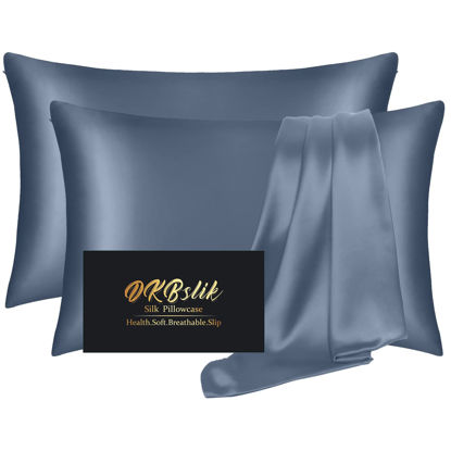 Picture of Silk Pillowcase 2 Pack, Natural Mulberry Silk Pillow Case, Anti Acne Silk Pillowcase for Hair and Skin, King Size Silk Satin Pillowcase Set of 2 with Hidden Zipper, Gifts for Women Men, Ash Blue