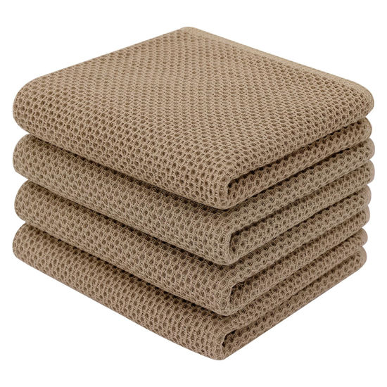Picture of Homaxy 100% Cotton Waffle Weave Kitchen Dish Towels, Ultra Soft Absorbent Quick Drying Cleaning Towel, 13 x 28 Inches, 4-Pack, Tan