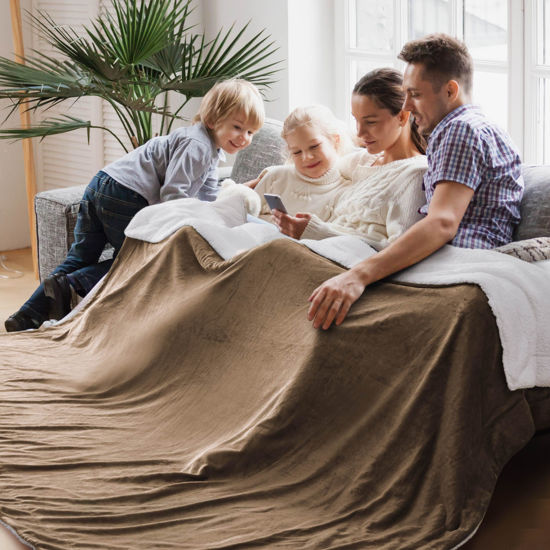 Picture of Bedsure Sherpa Fleece Cal King Blankets for Bed - Thick and Warm Oversized Blanket for Winter, Soft Fuzzy Plush Large Blanket for All Seasons, Camel, 112x98 Inches