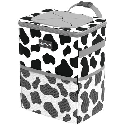 Picture of HOTOR Car Trash Can with Lid and Storage Pockets - 100% Leak-Proof Organizer, Waterproof Garbage Can, Multipurpose Trash Bin for Car, 2 Gallons, Cow