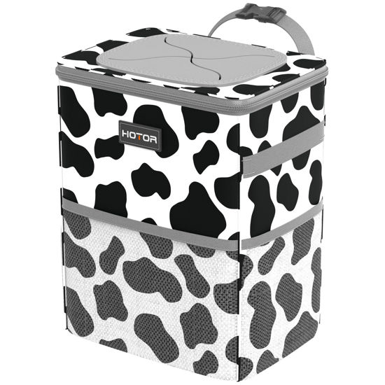 Picture of HOTOR Car Trash Can with Lid and Storage Pockets - 100% Leak-Proof Organizer, Waterproof Garbage Can, Multipurpose Trash Bin for Car, 2 Gallons, Cow