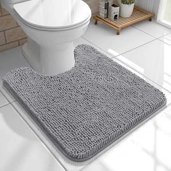 Picture of OLANLY Toilet Rugs U-Shaped 20x20, Extra Soft Absorbent Chenille Contour Bathroom Rugs for Toilet, Dry Quickly, Machine Washable, Non-Slip Toilet Bath Mat, Grey